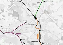 Map of railways around Watford town centre, showing Watford North