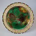 Mottled coloured glazes Victorian majolica, c.1865, border in Greek key style.