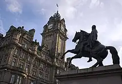 The Iron Duke in bronze by Steell, Edinburgh, with Balmoral Hotel in background