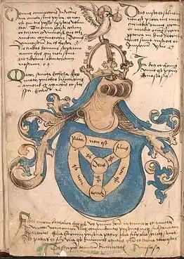 Fol. 1v: Attributed arms of God, with the Shield of the Trinity and dove crest