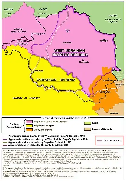 Division of Bukovina (orange) as claimed by the West Ukrainian People's Republic (black interrupted line)