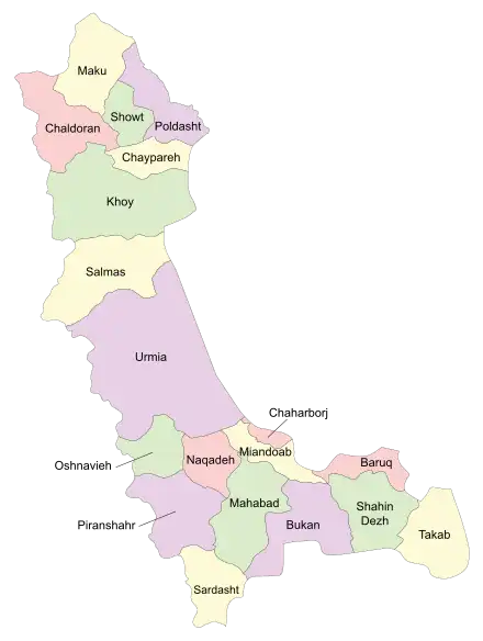 Location of Salmas County in West Azerbaijan province (above center, yellow)