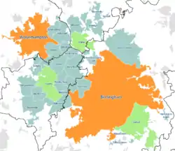 Map of the West Midlands conurbation in 2011, with Travel to Work Areas overlaid. The five most populous are highlighted with Birmingham and Wolverhampton sub-divisions in orange and the Dudley, Walsall and Solihull sub-divisions in green.