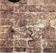 A scan of the Mawangdui silk map. The coastline and several rivers drawn in dark colors are clearly visible.