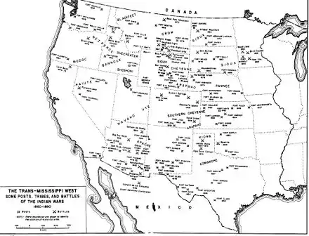 A black and white map of the Western United States showing fort, battle and tribe locations from 1860-1890.