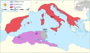 A map of the western Mediterranean with the territories of Numidia, Carthage and Rome shown