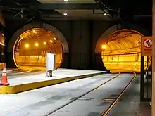 Two large tunnel tubes with rails embedded in concrete running into them