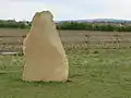 Memorial stone at the Westmill Woodland Burial Ground, with the Uffington White Horse in the distant background on the hillside