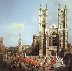 A painting of Westminster Abbey's western facade with two towers