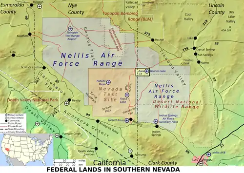 Image 48A map that details the federal land in southern Nevada, showing Nellis Air Force Base Complex and Nevada Test Site (from Nevada)