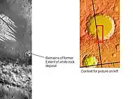 Whiterock on crater floor may be what's left of a much larger deposit.  Arrow shows that the deposit once reached much farther.  Picture taken by THEMIS.