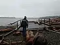 A portion of the pier on the beach after the storm, with the destroyed pier visible in the background