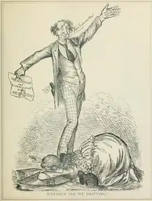 A political cartoon, Prime Minister John A Macdonald has one foot on a weeping woman, face down, labelled "Canada". Macdonald looks chipper and unbothered by references to corruption in his speech, written on his hand, and in a document he carries.