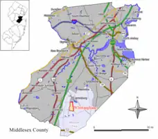 Map of Whittingham highlighted within Middlesex County. Inset: Location of Middlesex County in New Jersey.