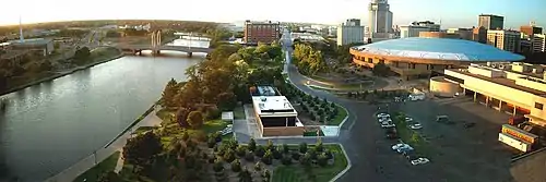 View of the east bank of the Arkansas River in downtown Wichita. Century II is in the upper right.(photo taken from the Hyatt Regency Wichita)