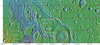 Tography map of Oxia Palus region of Mars showing the location of a number of chaos regions and valleys, including Ares Vallis