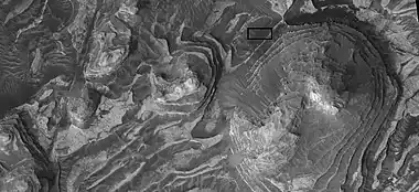 Layers in Firsoff crater with a box showing the size of a football field  Picture taken by HiRISE under HiWish program.