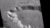 Wide CTX view of mesa showing lobate debris apron (LDA) and lineated valley fill.  Both are believed to be debris-covered glaciers.  Location is Ismenius Lacus quadrangle.