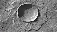 Resen Crater as seen by CTX camera (on Mars Reconnaissance Orbiter).  Besides showing the ejecta, image shows small pits on crater floor caused by escaping steam.  Note: this image is an enlargement of the previous image of Resen.