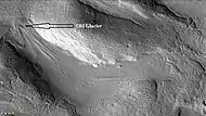 Old glacier just to north of Sinton Crater, as seen by CTX camera (on Mars Reconnaissance Orbiter).  This is one of many glaciers in the region.  Note: this is an enlargement of a previous image of west side of Sinton.