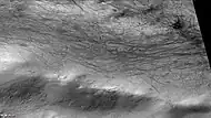 Dust devil tracks along rim of Wells Crater, as seen by CTX camera (on Mars Reconnaissance Orbiter).  Note: this is an enlargement of previous image of Wells Crater.