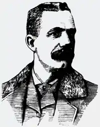 A black and white portrait illustration of a man with a mustache wearing a suit and tie