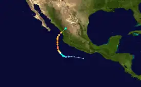 Map plotting the track and the intensity of the storm, according to the Saffir–Simpson scale