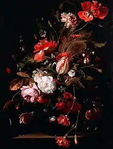 Willem van Aelst, Still life with a watch (c. 1665), with typical dark background.