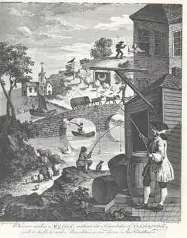 Forerunner of Escher's impossible perspectives: William Hogarth's Satire on False Perspective, 1753