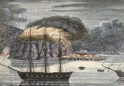 Hulme burns Otuihu whilst Pōmare is held on board HMS North Star, 30 April 1845.Artist: John Williams, 58th Regt, 1845.Alexander Turnbull Library