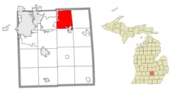 Location within Ingham County and portions of the administered CDPs of Haslett (1) and Okemos (2)