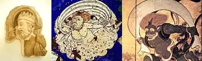 Iconographical evolution of the Wind God Left: Greek wind god from Hadda, Afghanistan 2nd century. Middle: wind god from Kizil Caves, 7th century Right: Japanese wind god Fūjin, 17th century.