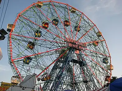 Wonder Wheel, a 45.7-metre (150 ft) tall eccentric wheel at Deno's Wonder Wheel Amusement Park, Coney Island, was built in 1920 by the Eccentric Ferris Wheel Company