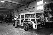 Construction of wooden-framed station wagon body, 1947, Australia