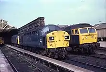 Image 18Workington stabling point in 1981, with locomotives from Classes 25, 40 and 47 parked between duties. (from Rail yard)