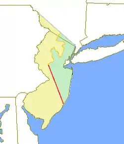 Image 28The original provinces of West and East New Jersey are shown in yellow and green respectively. The Keith Line is shown in red, and the Coxe and Barclay Line is shown in orange. (from History of New Jersey)