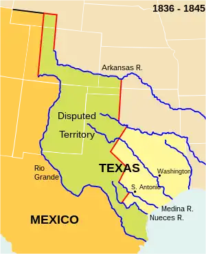 Image 14The Republic of Texas. The present-day outlines of the U.S. states (white lines) are superimposed on the boundaries of 1836–1845. (from History of Texas)