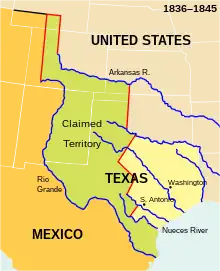 The land comprising Mexican Texas, between the Red, Sabine, and Nueces Rivers, is shaded yellow.  The land between this boundary and the Rio Grande on the south and the Arkansas River on the north is shaded green and marked as "claimed territory".