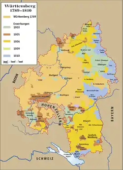 Territorial development of Württemberg from 1789 to 1810. The original duchy is shown in pale orange, territory gained in 1803 is pale green, and that gained in 1805 is shown in brown. Other territory shown was gained after Württemberg was raised to a kingdom