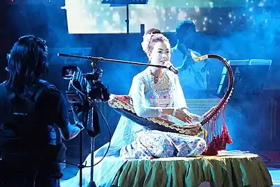 Burmese singer Wyne Lay playing the saung during a performance