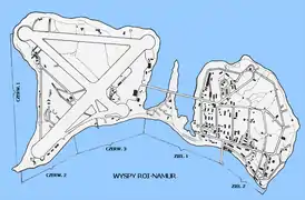 Map of Roi-Namur during World War II. The causeway is roughly centered.