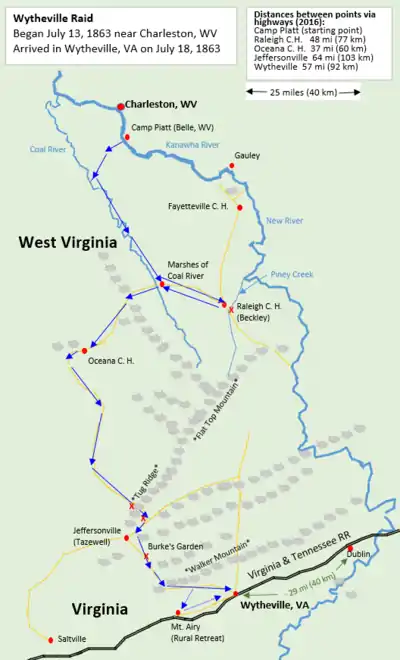 map showing approximate route of Union Army from Charleston WV to Wytheville, VA