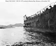 Barge YF-1079 in Buckner Bay, damaged in Typhoon