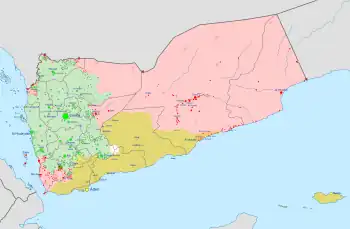 Image 24Current (November 2021) political and military control in ongoing Yemeni Civil War (2014–present)  Controlled by the Government of Yemen (under the Presidential Leadership Council since April 2022) and allies  Controlled by Houthis-led Supreme Political Council  Controlled by Ansar al-Sharia, Al-Qaeda in the Arabian Peninsula and Islamic State of Iraq and the Levant  Controlled by Southern Transitional Council (from History of Yemen)