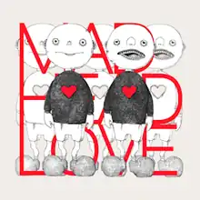 A line of five boys, two in front and three in the back, is drawn in greyscale on the cover. They have large heads, large feet and shirts with a red heart in the centre. In between the boys is the title written on three rows in red and in capitals, partially covered up by the front two boys.