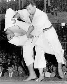 Image 42Yoshihiko Yoshimatsu attempting to throw Toshiro Daigo with an uchi mata in the final of the 1951 All-Japan Judo Championships  (from Judo)