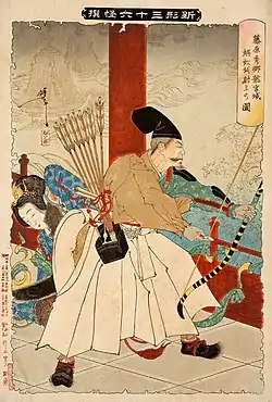 Fujiwara no Hidesato shooting the giant centipede (Tsukioka Yoshitoshi, 1890)