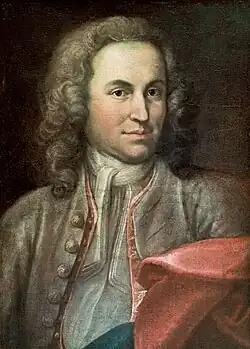 disputed portrait of the young Bach, with brown curled hair, dressed festively