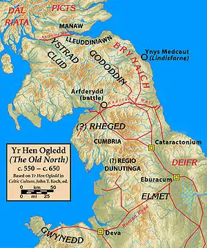 A map showing the positions of the British kingdoms of central Britain, including some mentioned in the text; Rheged in Cumbria, Strathclyde in the valley of the Clyde and Gododdin in southeastern Scotland.