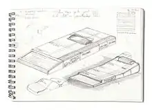 Sketch of two concept designs for the ZX81, showing the computer with a series of similarly shaped boxes stacked behind it in a row.